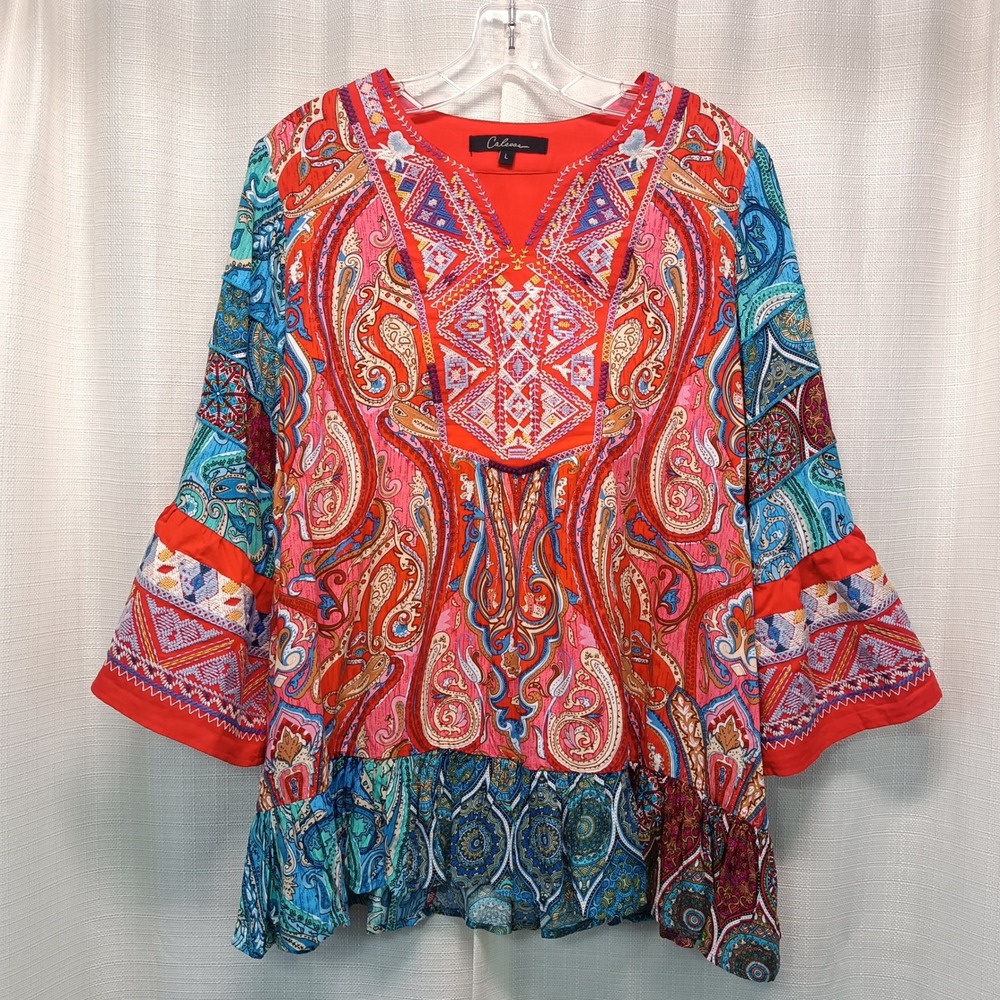 Calessa Tunic Top Womens L Paisley Boho Embroidered V-Neck 3/4 Bell Sleeve Flowy - Picture 2 of 6